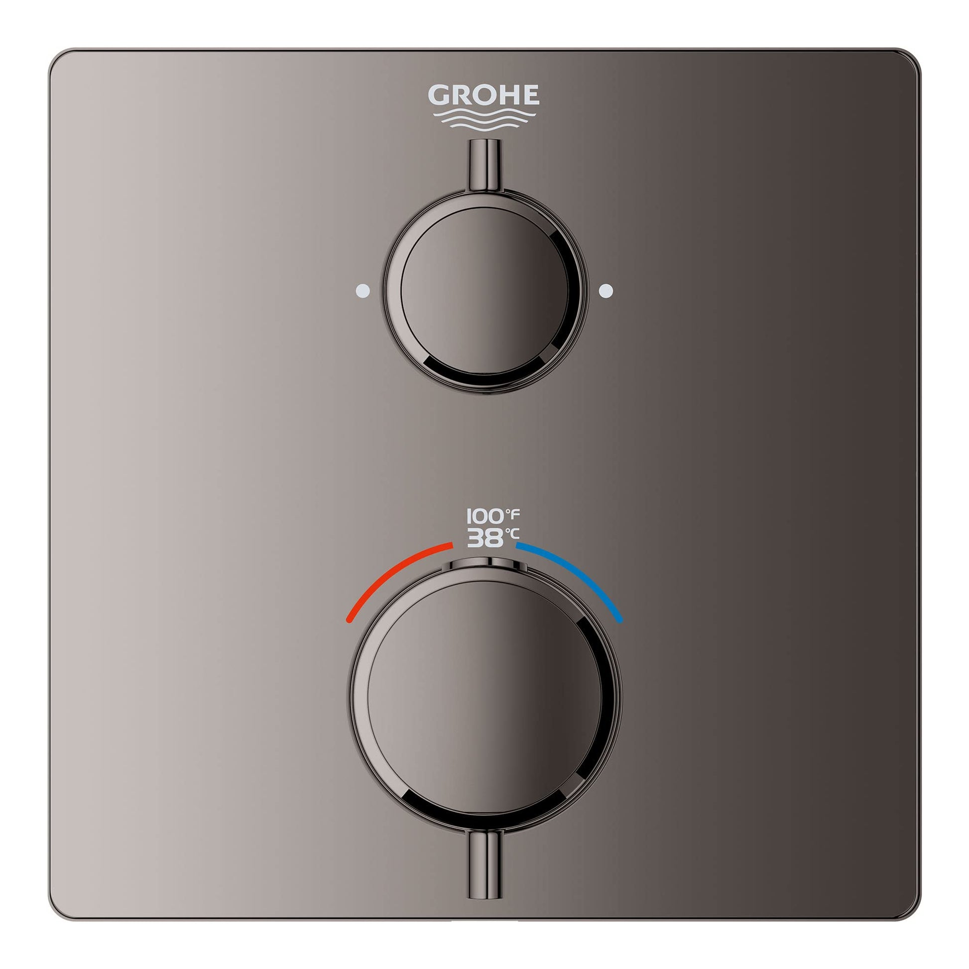 Grohe thermostatic valve trim with two round handles and temperature display showing 100°F and 38°C in hard graphite finish.