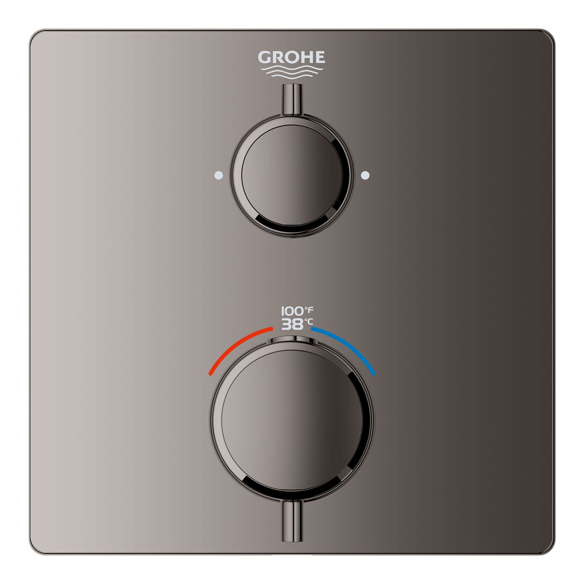 Grohe thermostatic valve trim with two round handles and temperature display showing 100°F and 38°C in hard graphite finish.