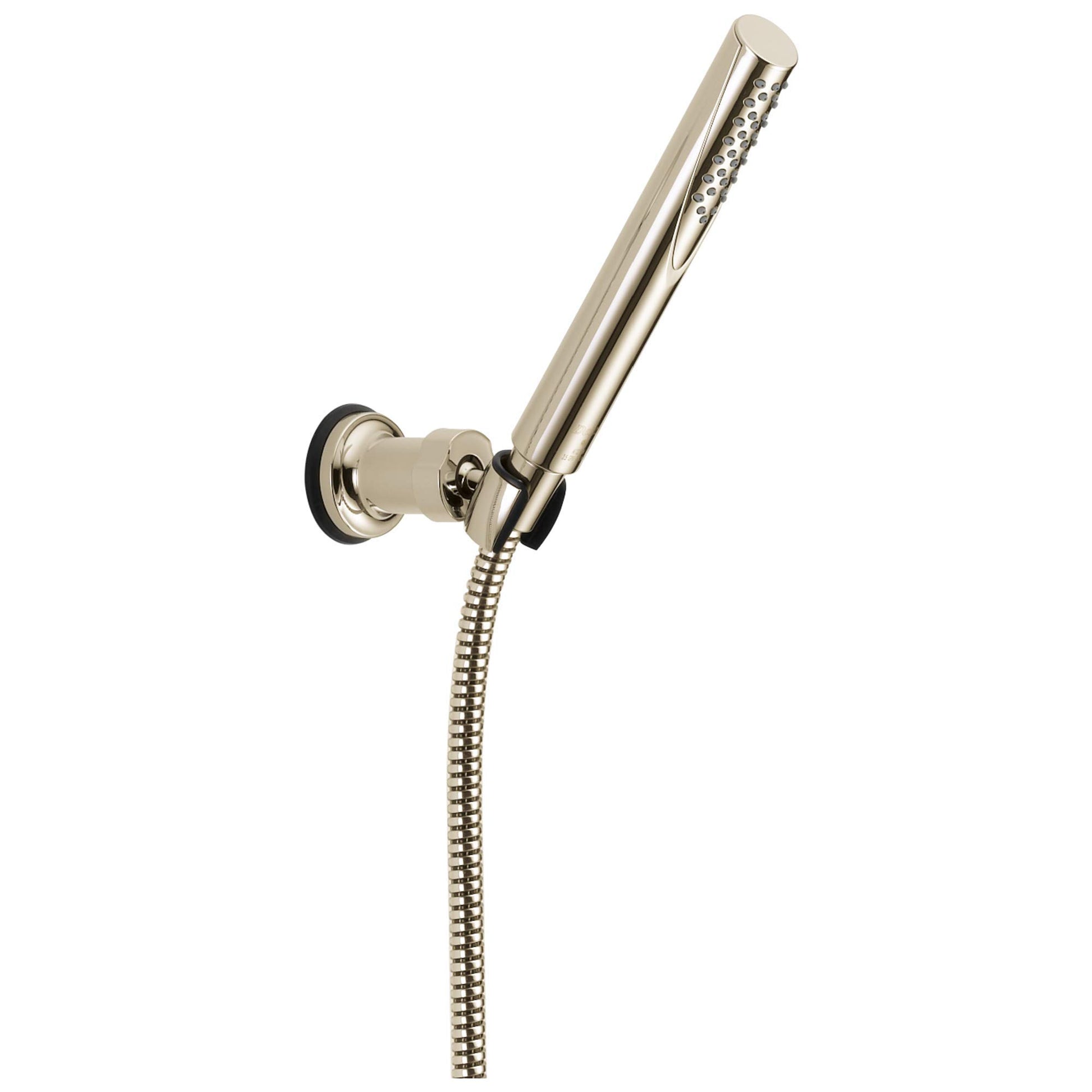 Polished nickel hand shower with wall mount bracket, flexible hose, and adjustable holder.
