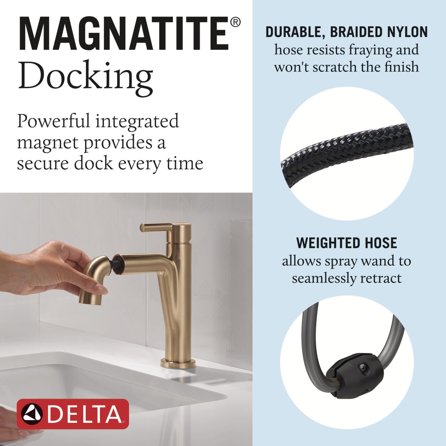 Champagne bronze single-handle pull-down bathroom faucet with braided nylon hose and magnetic docking system.