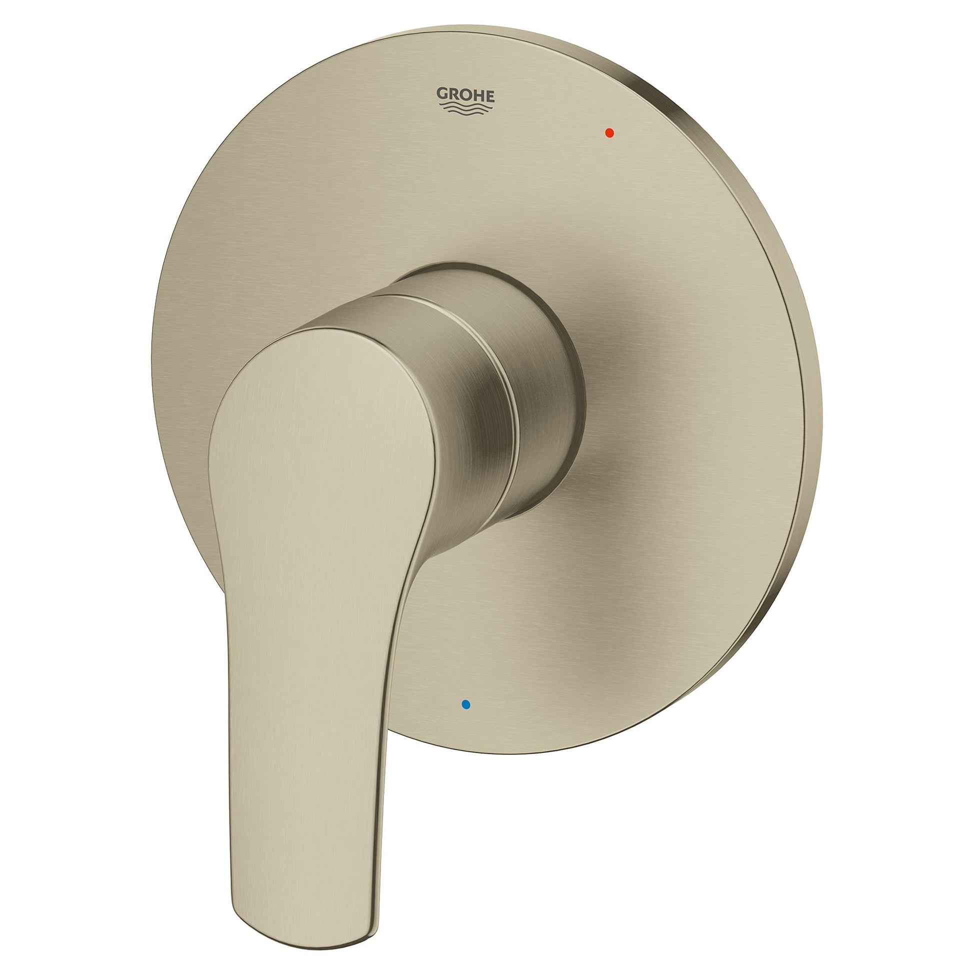 Grohe Eurosmart brushed nickel pressure balance valve trim with lever handle and cartridge.