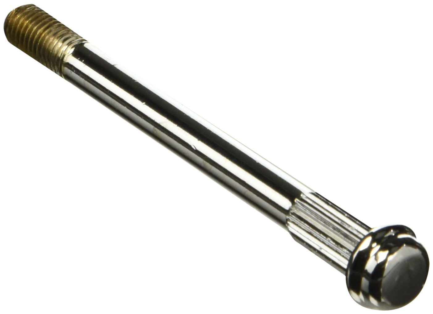 Chrome-finished spindle with threaded brass fitting end and knurled shaft section.