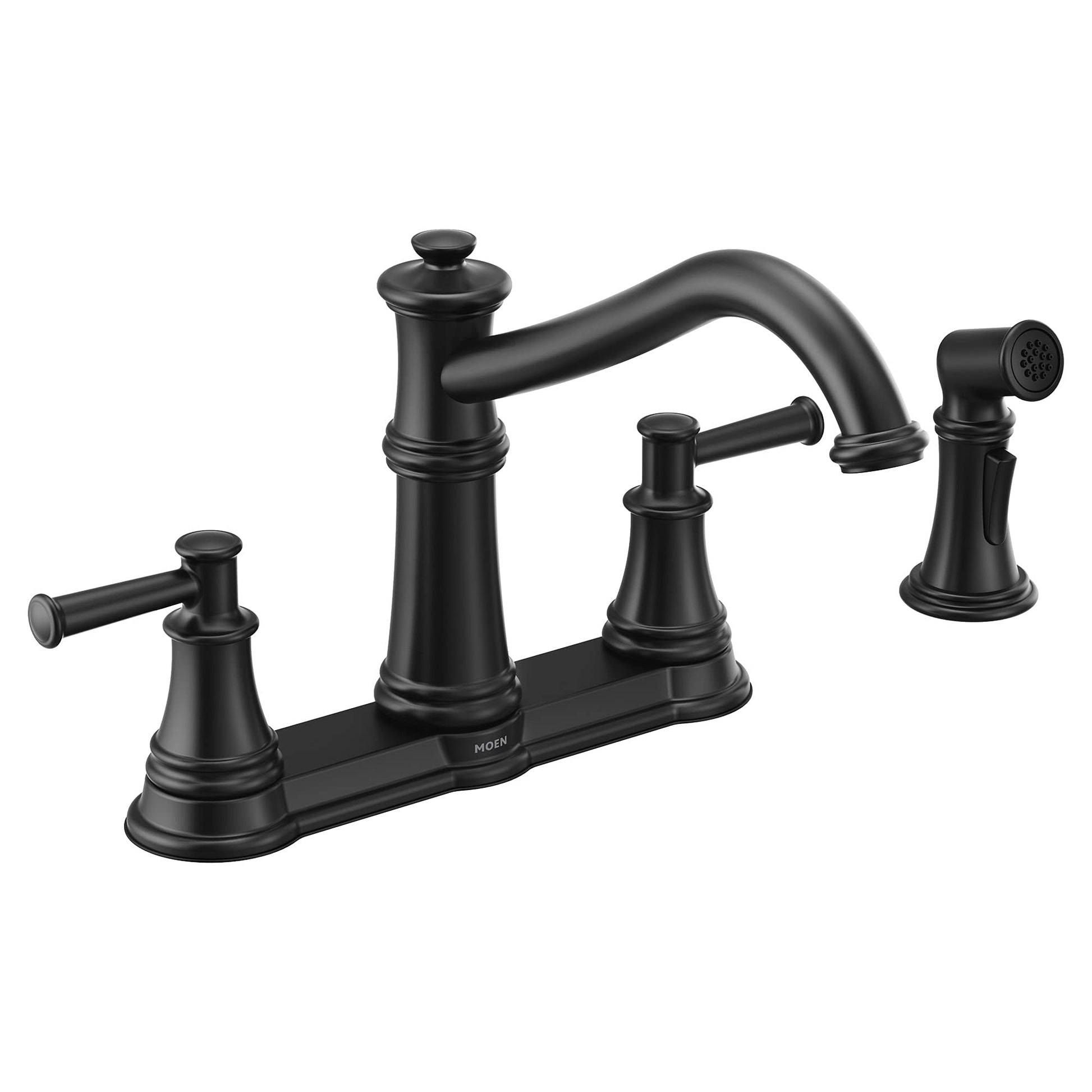 Matte black two-handle kitchen faucet with high arc spout and detachable side spray on base platform.