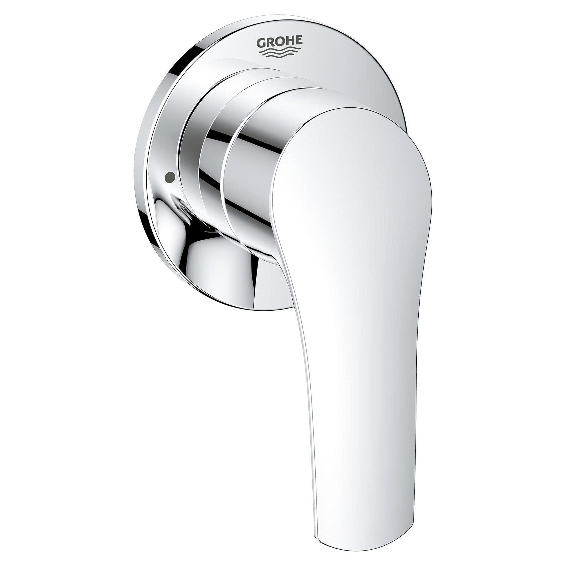 Chrome 2-way diverter trim with curved lever handle and circular escutcheon plate marked Grohe.