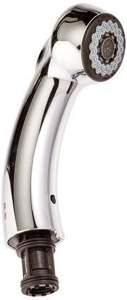 Chrome and white handheld showerhead with perforated spray face and curved wand handle.