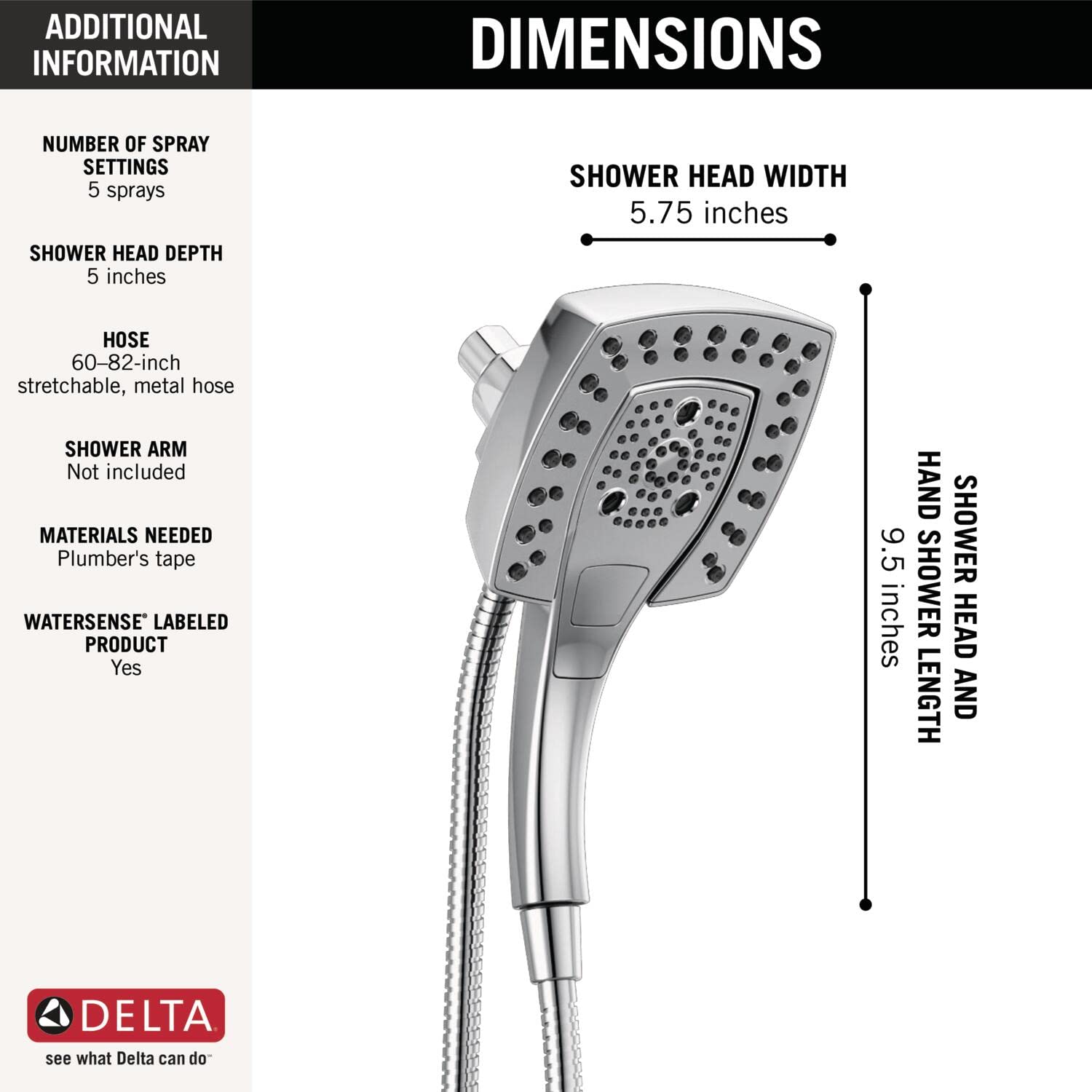 Chrome two-in-one shower head with rectangular face, multiple spray holes, and attached metal hose.