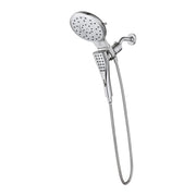 Chrome dual shower head combo with fixed overhead head and handheld wand connected by flexible hose.
