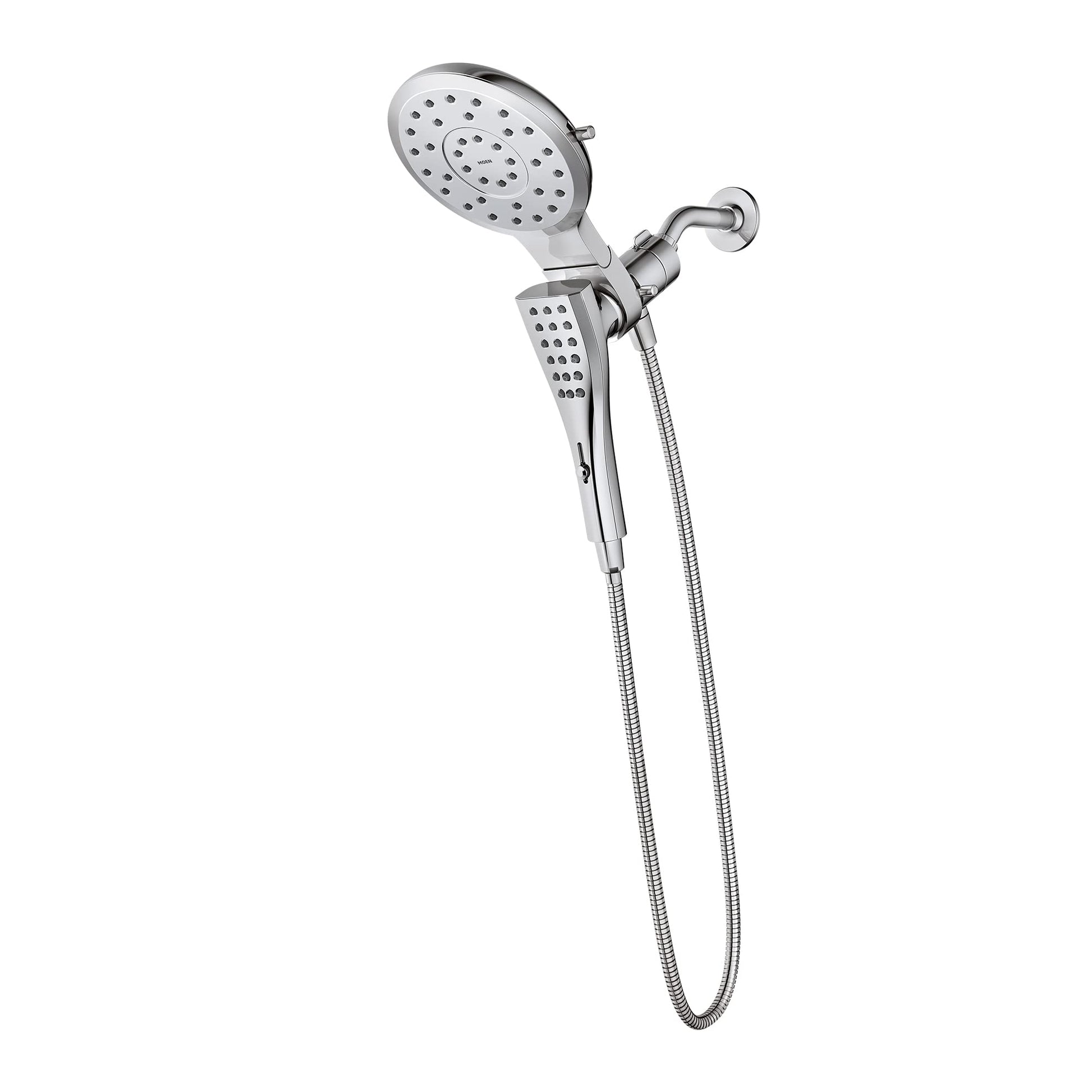 Chrome dual shower head combo with fixed overhead head and handheld wand connected by flexible hose.