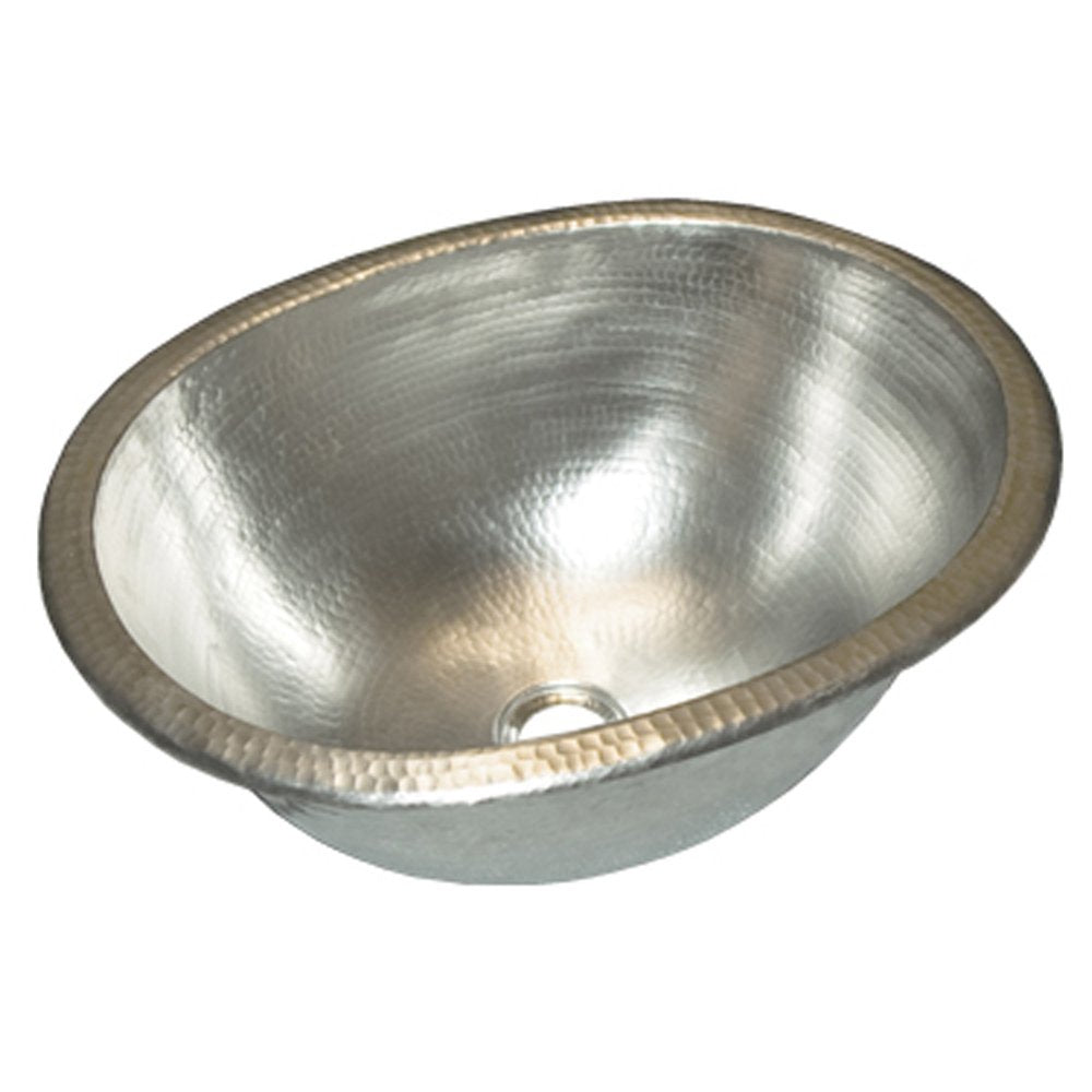 Oval copper bathroom sink with hammered texture finish and decorative rim, shown from above at an angle.
