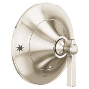 Polished nickel shower valve trim with round escutcheon plate and single lever handle.