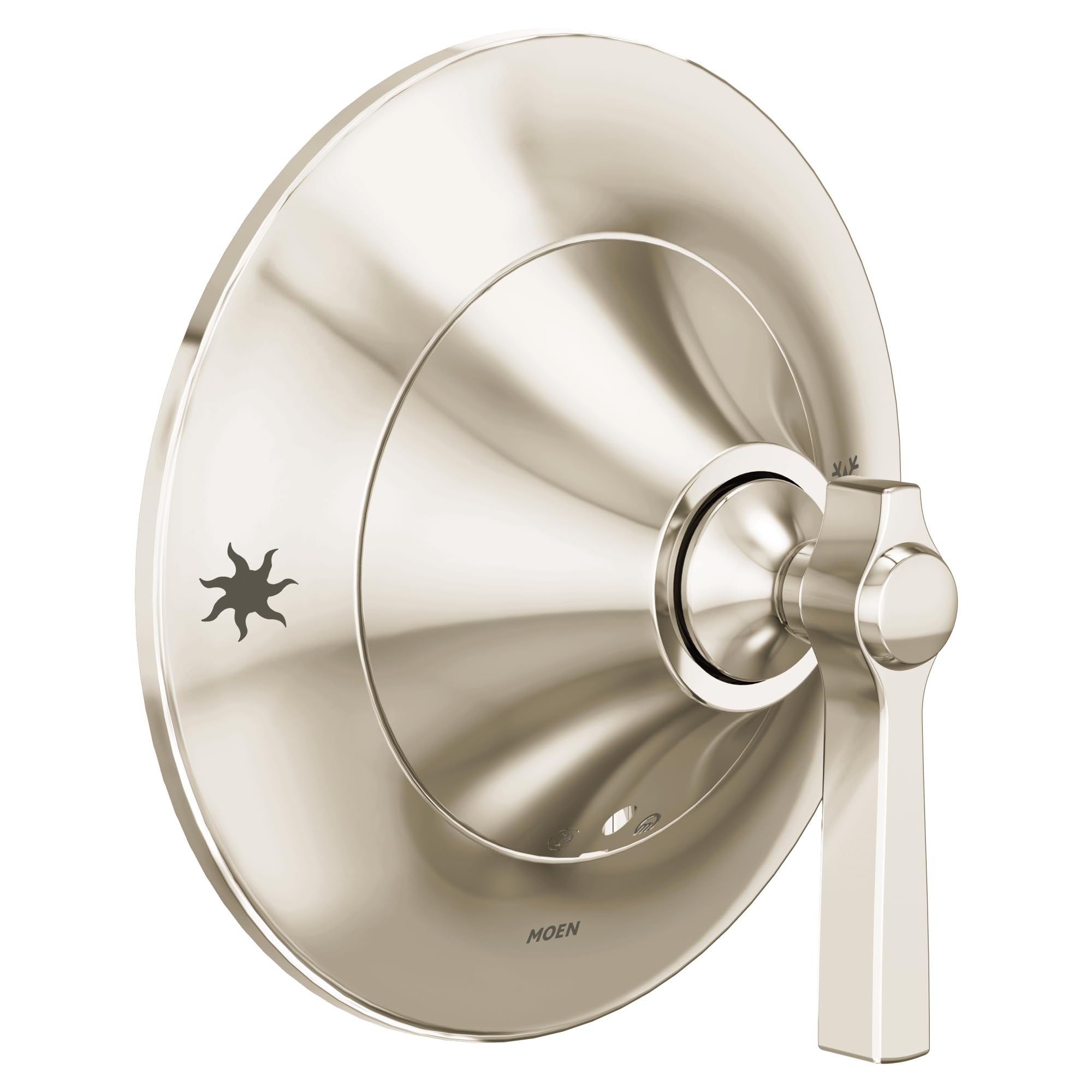 Polished nickel shower valve trim with round escutcheon plate and single lever handle.