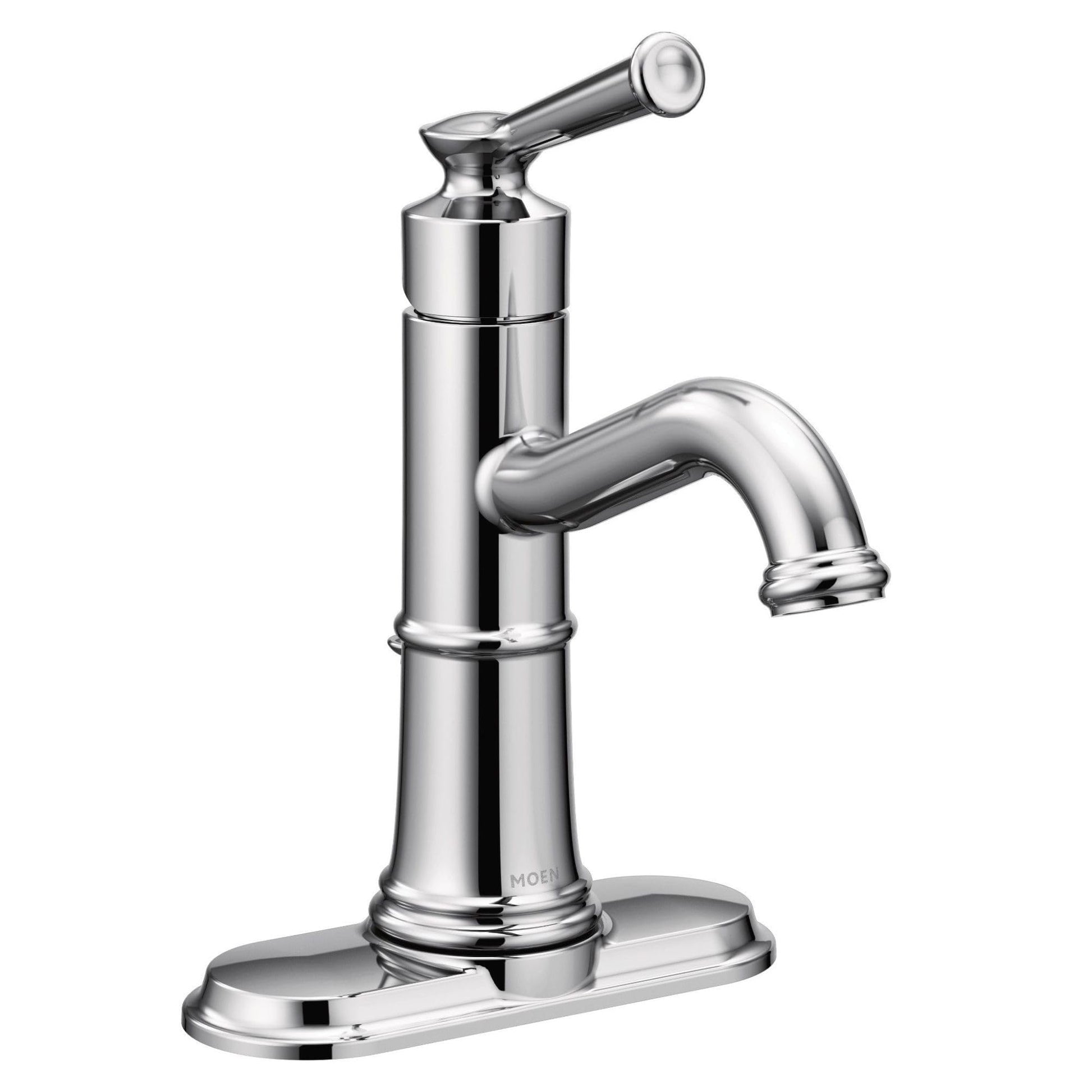 Chrome single-handle bathroom sink faucet with curved spout, cylindrical body, and matching base plate.
