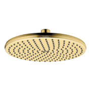 Round brushed gold shower head with multiple spray jets arranged in grid pattern and center connector arm.