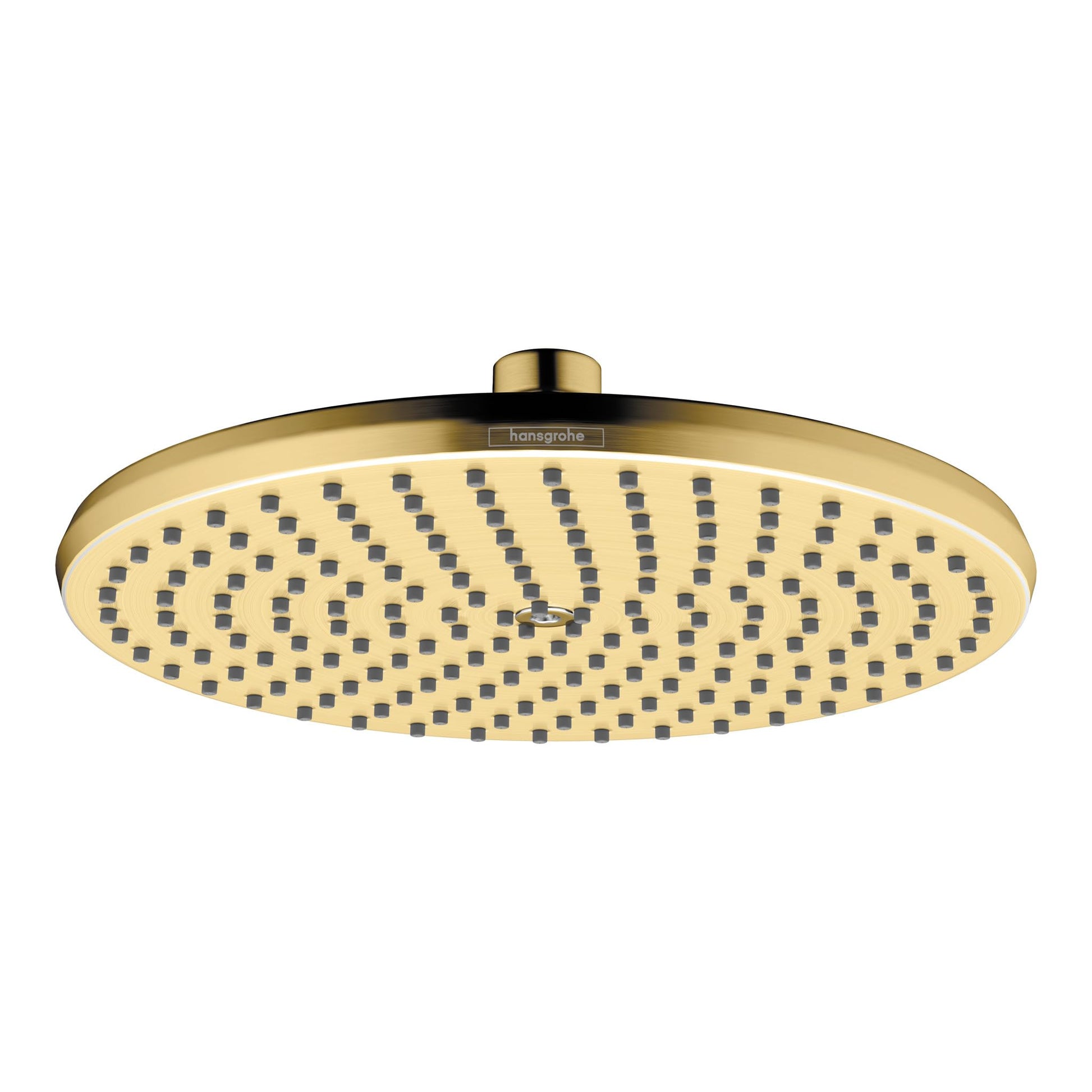 Round brushed gold shower head with multiple spray jets arranged in grid pattern and center connector arm.