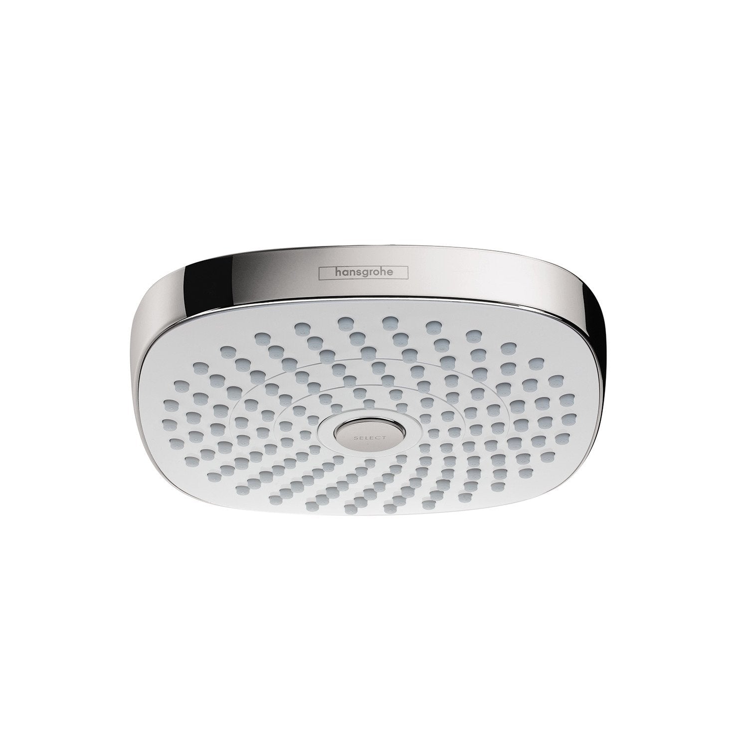 White and chrome round shower head with multiple spray jets and Hansgrohe branding on rim.
