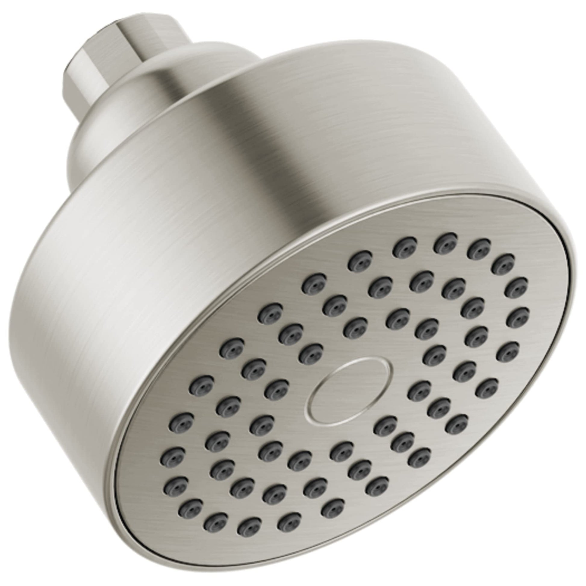 Round stainless steel shower head with multiple spray holes and wall-mounted connector arm.