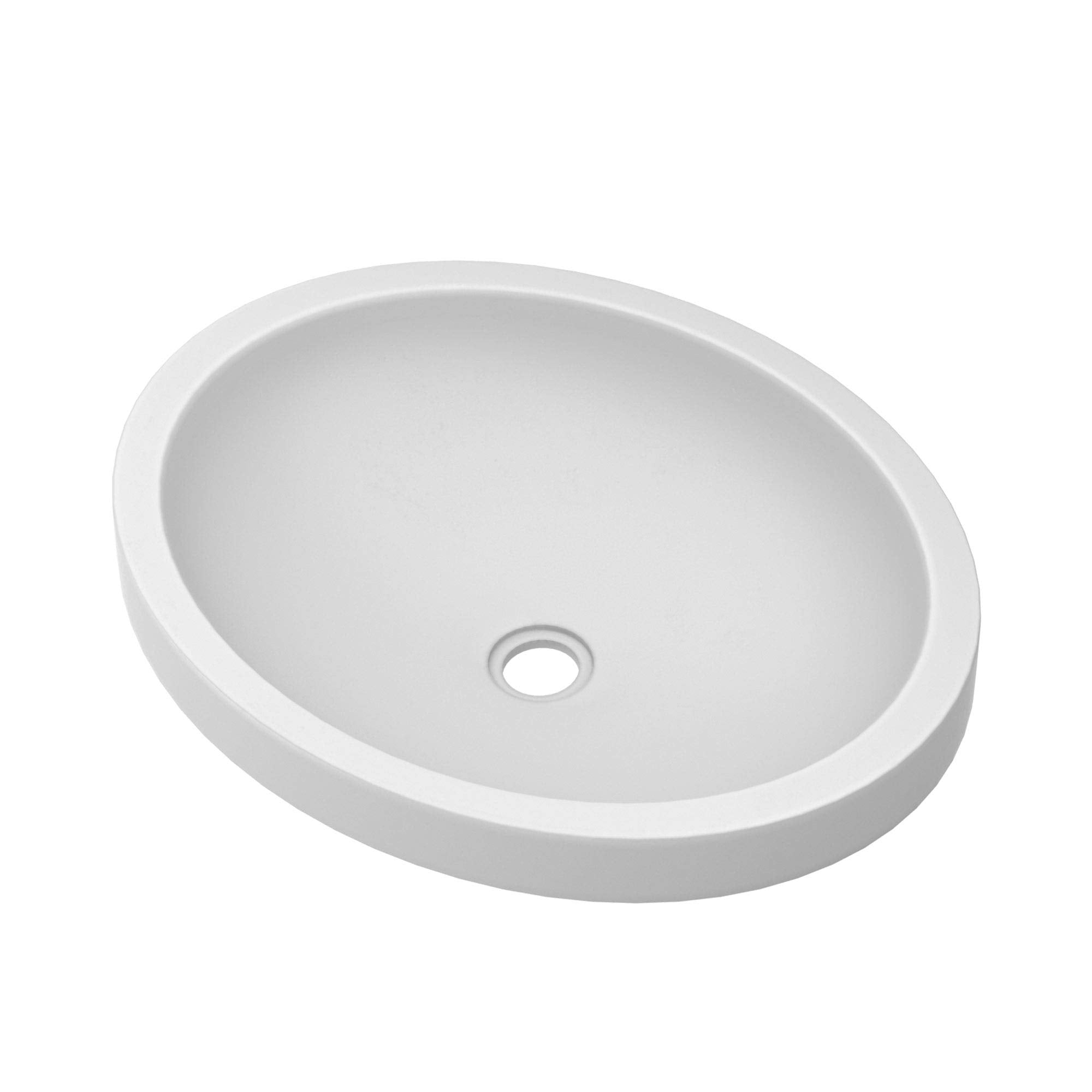 Pearl white oval bathroom sink with center drain hole and curved rim.