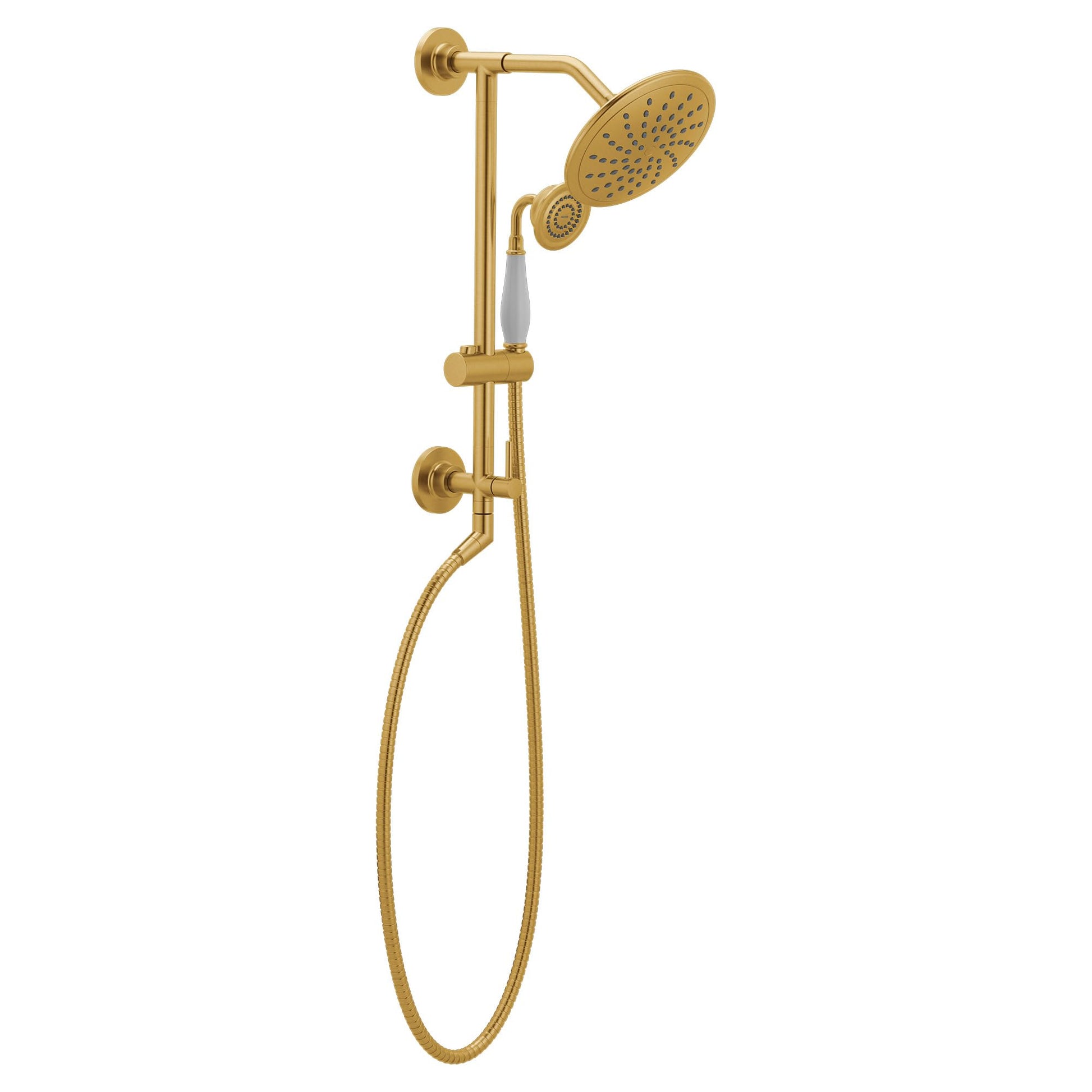 Brushed gold shower system with fixed showerhead, adjustable slidebar, handheld shower, and hose.