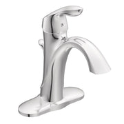 Chrome single-handle bathroom sink faucet with curved spout and oval base plate.
