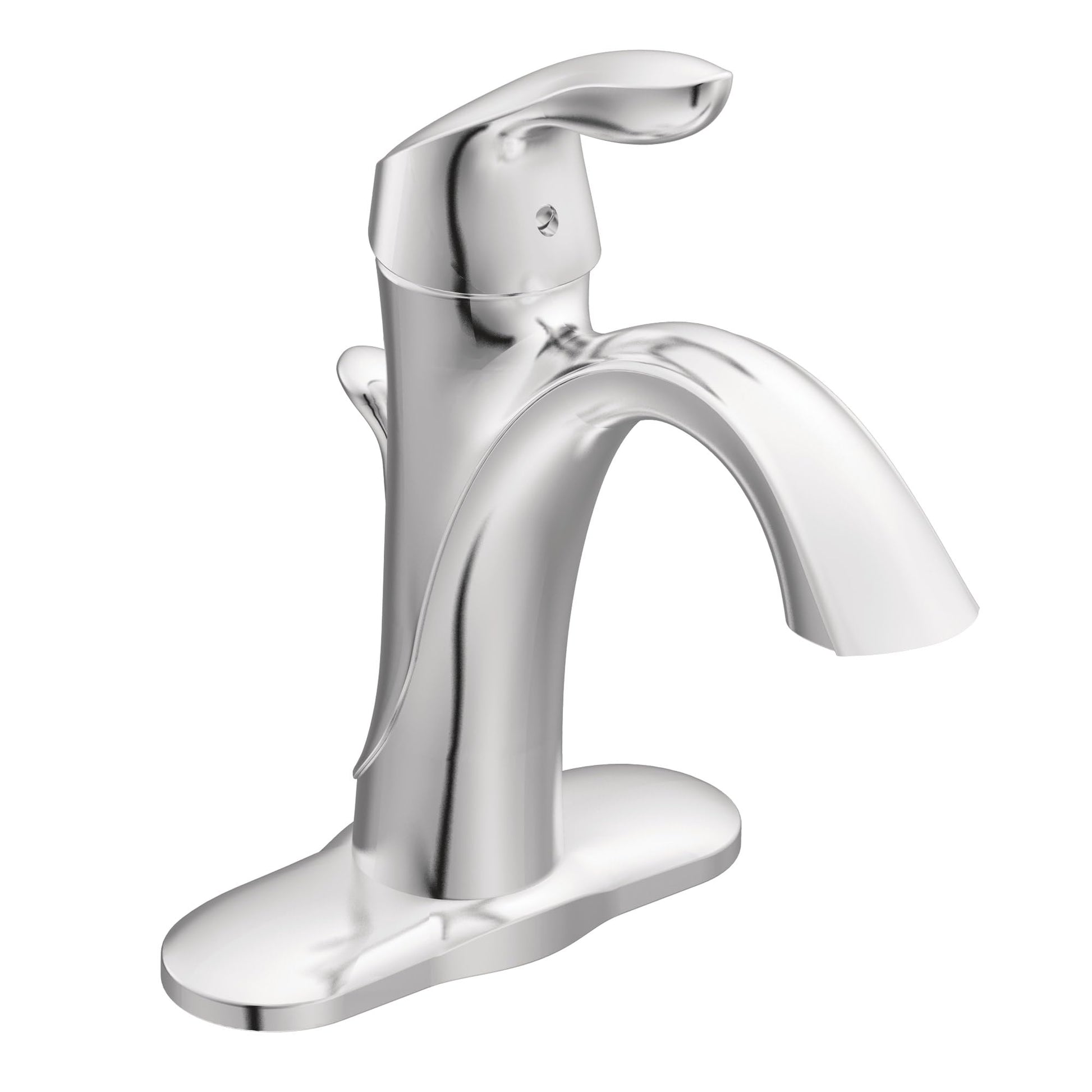 Chrome single-handle bathroom sink faucet with curved spout and oval base plate.