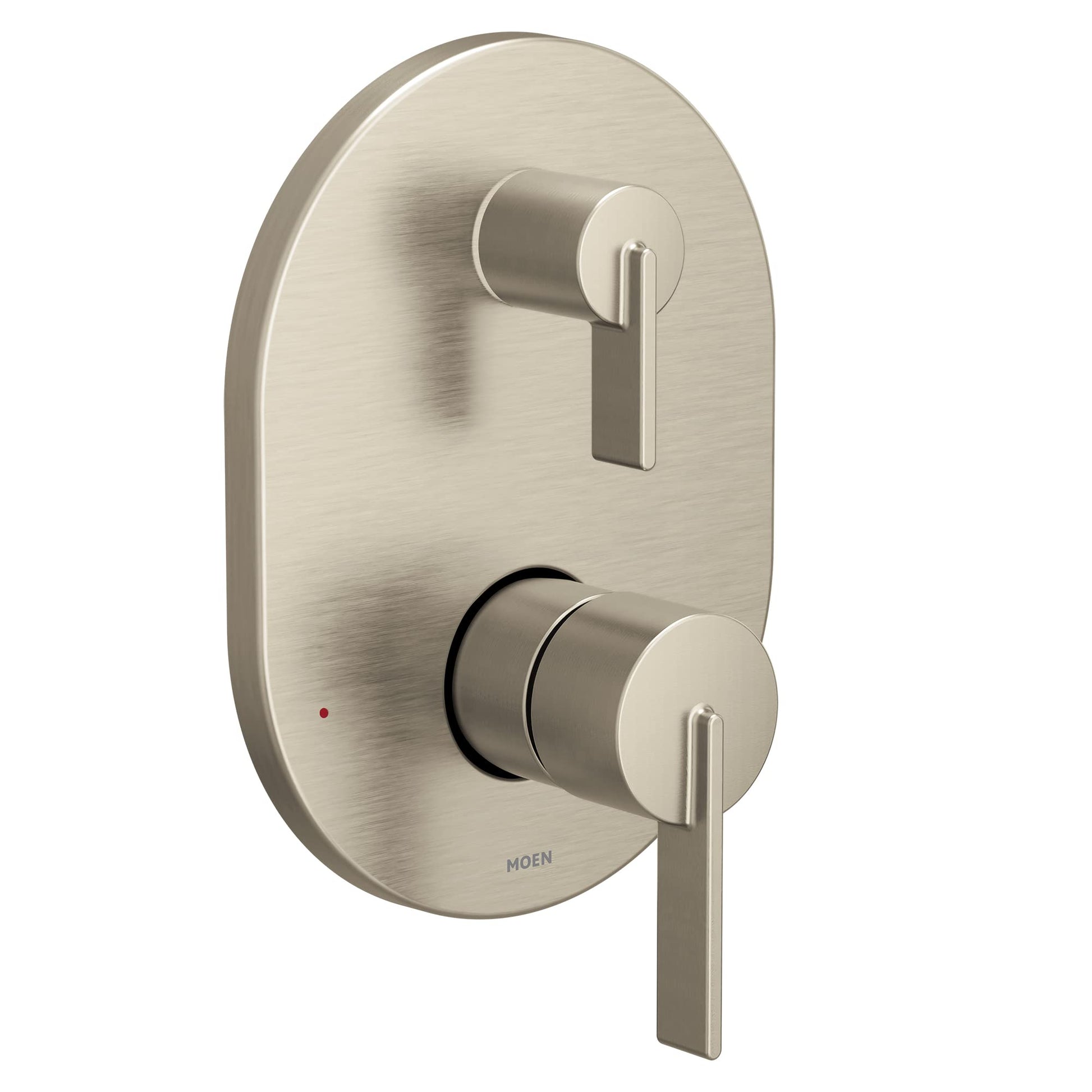 Brushed nickel shower trim with two lever handles mounted on oval plate with integrated transfer valve.