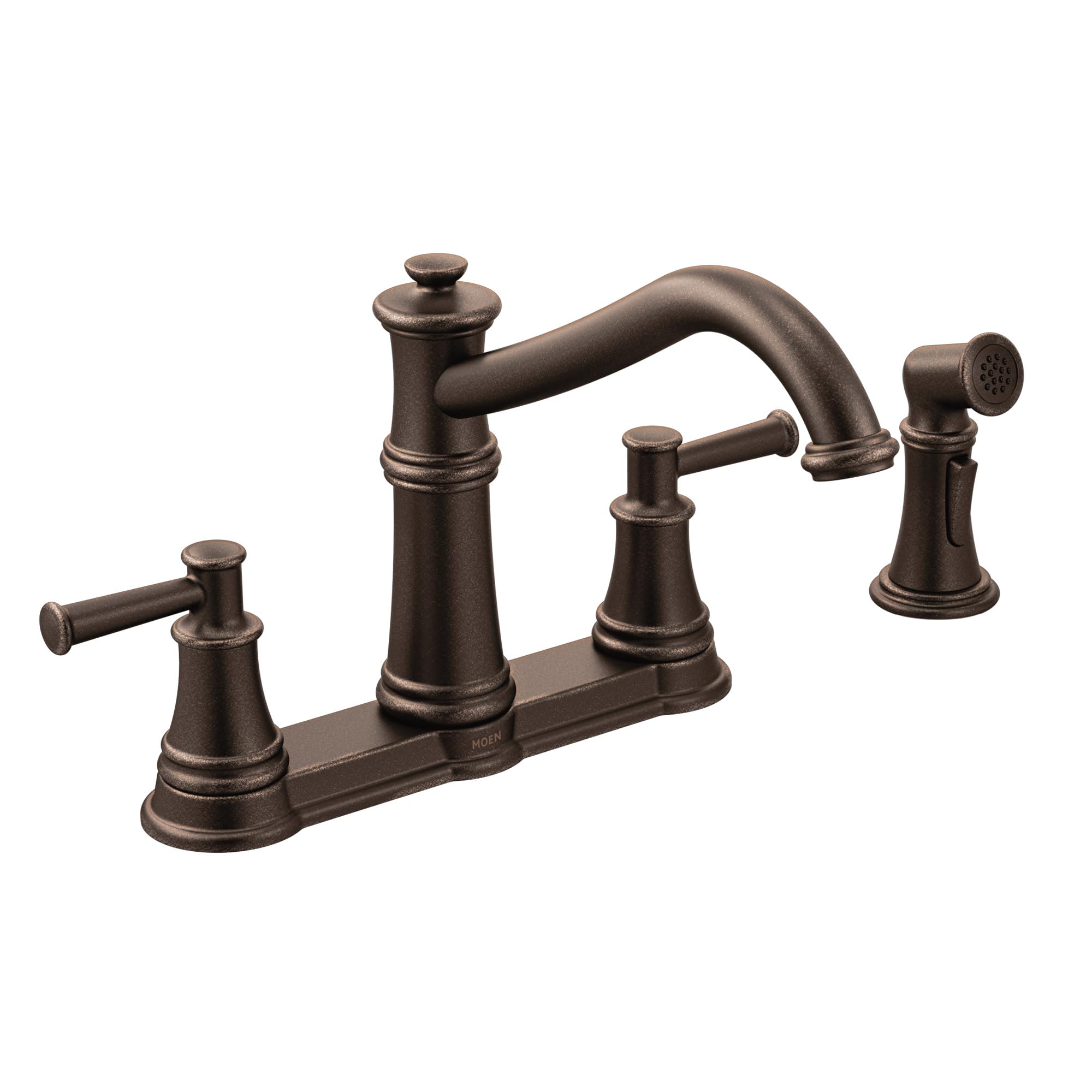 Oil rubbed bronze two-handle kitchen faucet with high arc spout and matching side spray attachment.