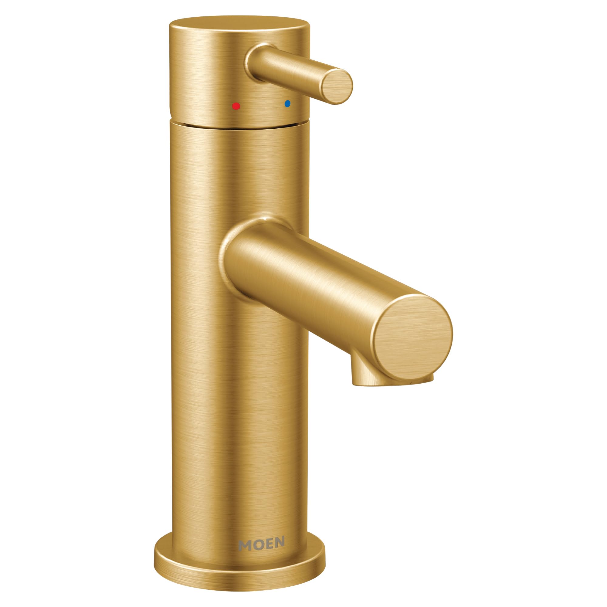 Brushed gold single-handle bathroom faucet with cylindrical body and angled spout.