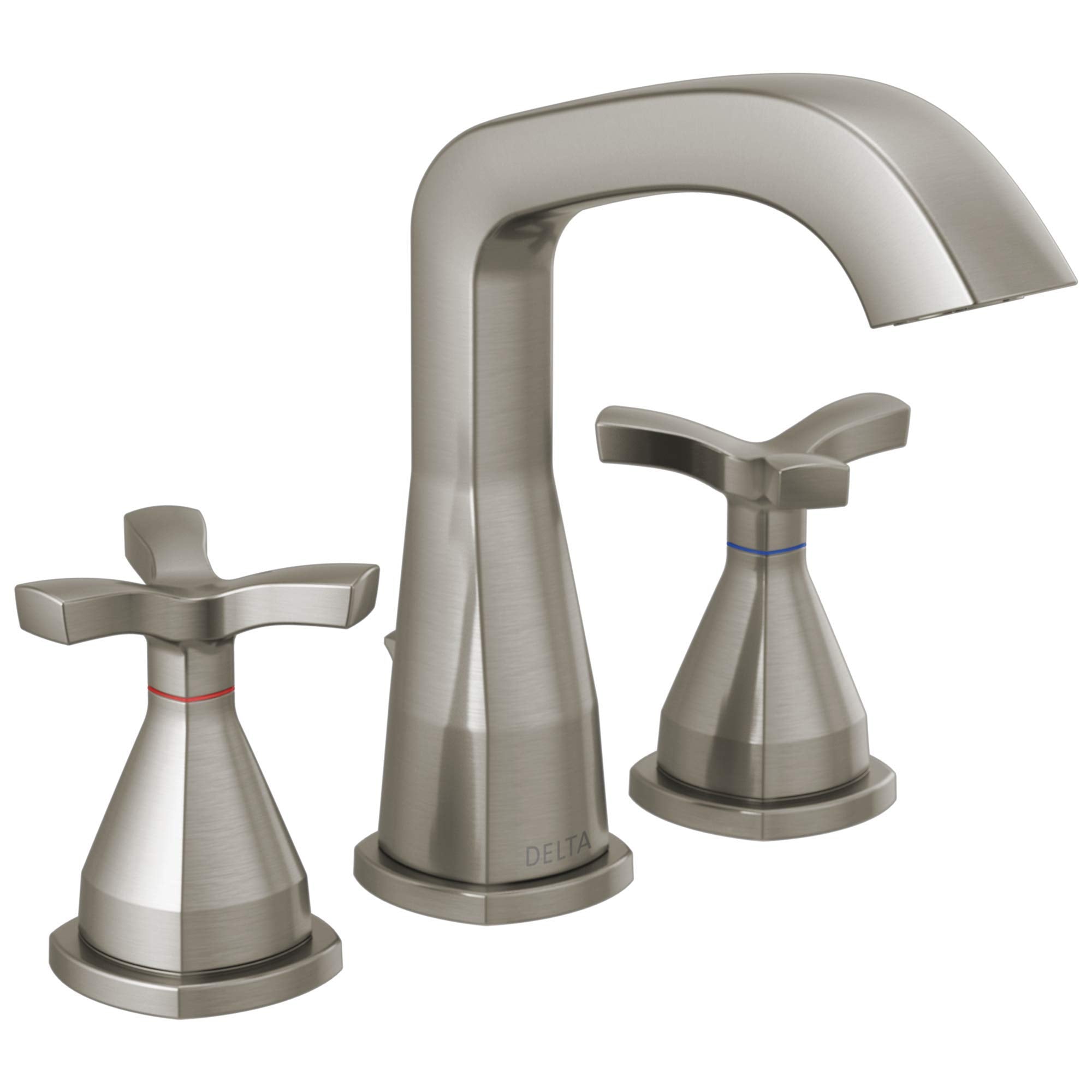 Brushed nickel three-piece bathroom faucet with curved spout and cross handles on conical bases.