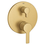 Grohe Lineare pressure balance valve trim in brushed gold finish with two control handles and 3-way diverter.