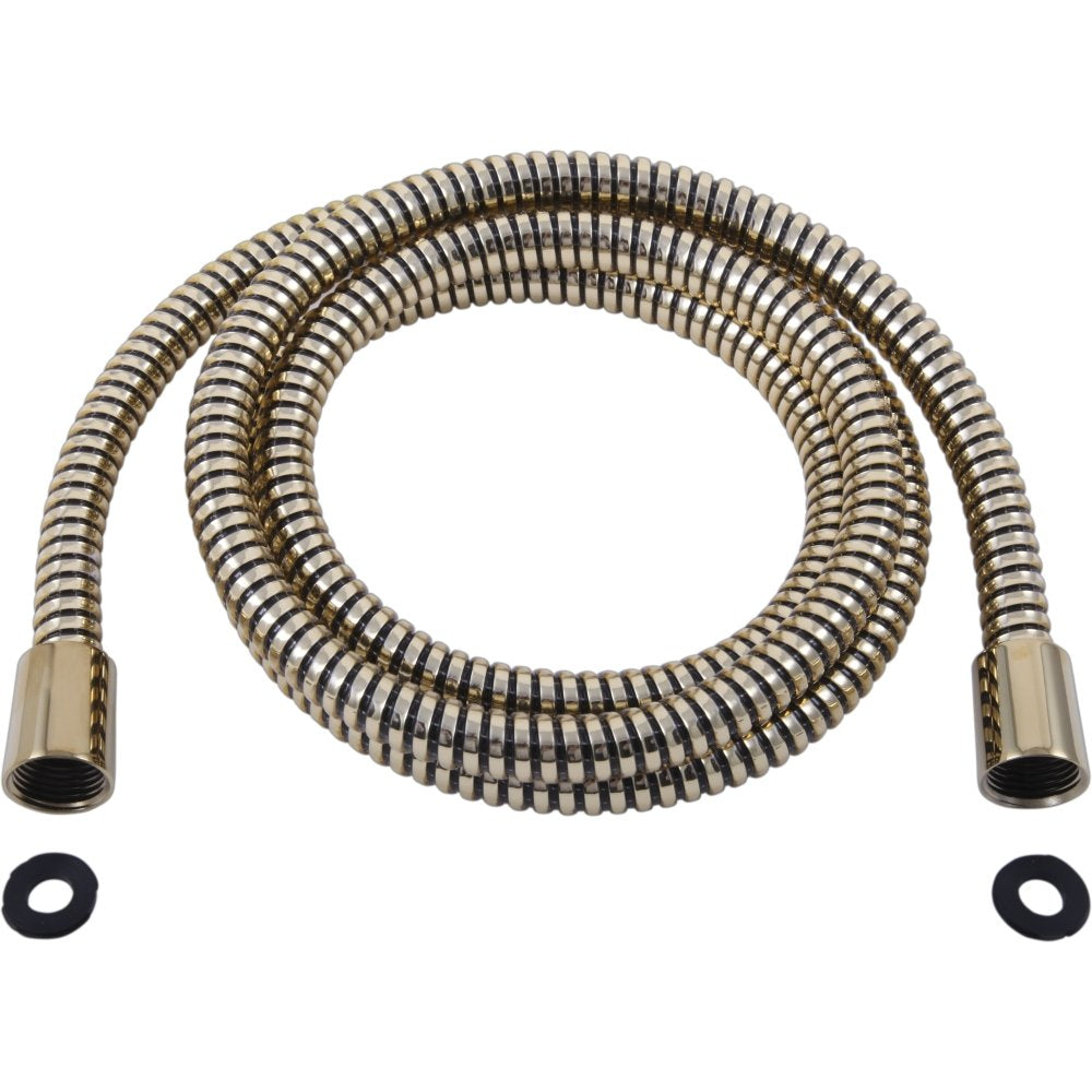 Polished brass flexible shower hose coiled with two black rubber gaskets at the ends.
