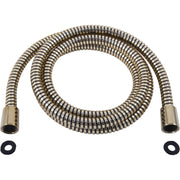 Polished brass flexible shower hose coiled with two black rubber gaskets at the ends.