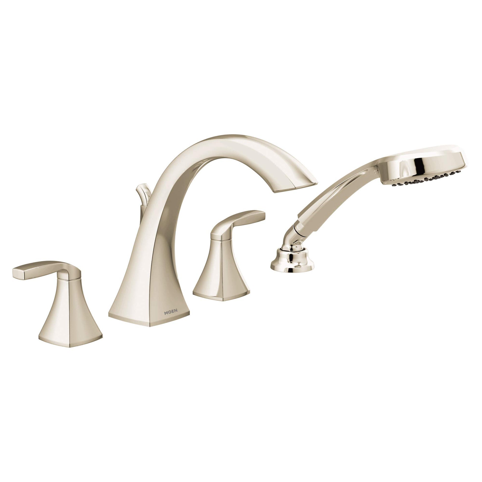 Polished nickel roman tub faucet with two handles, curved spout, and detachable handheld showerhead.