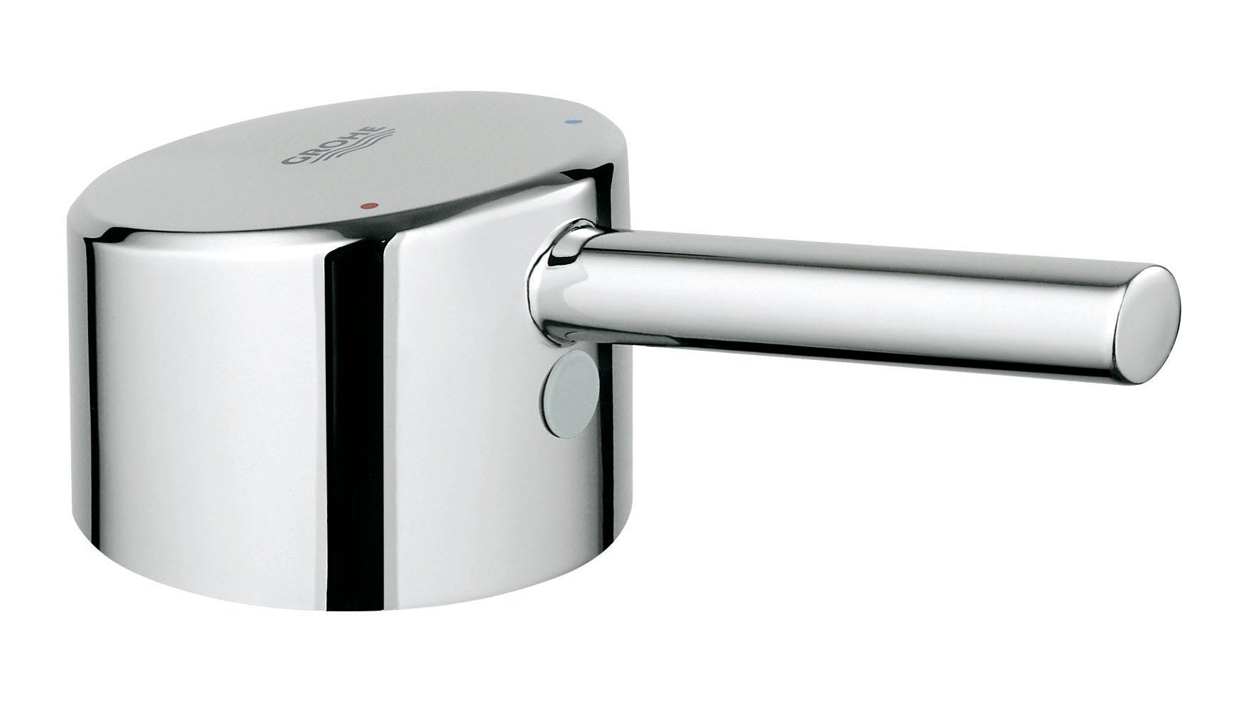 Chrome lever handle for Grohe faucet with cylindrical grip and mounting hardware visible.