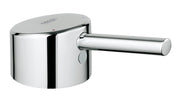 Chrome lever handle for Grohe faucet with cylindrical grip and mounting hardware visible.