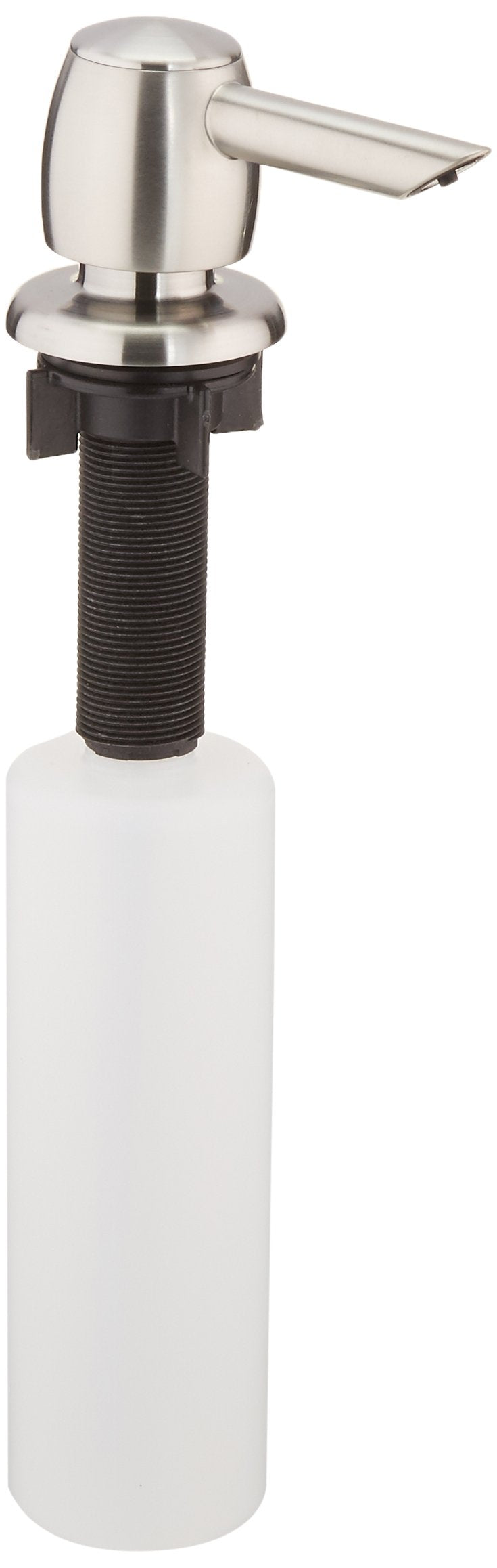 Stainless steel soap and lotion dispenser with cylindrical white reservoir and angled spout, countertop mount.