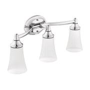 Chrome bathroom vanity fixture with three frosted glass shades mounted on horizontal bar with circular backplate.