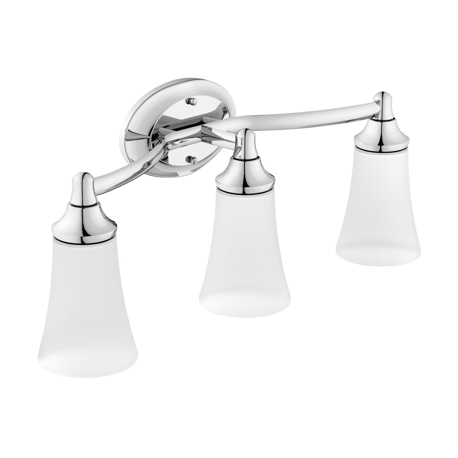 Chrome bathroom vanity fixture with three frosted glass shades mounted on horizontal bar with circular backplate.