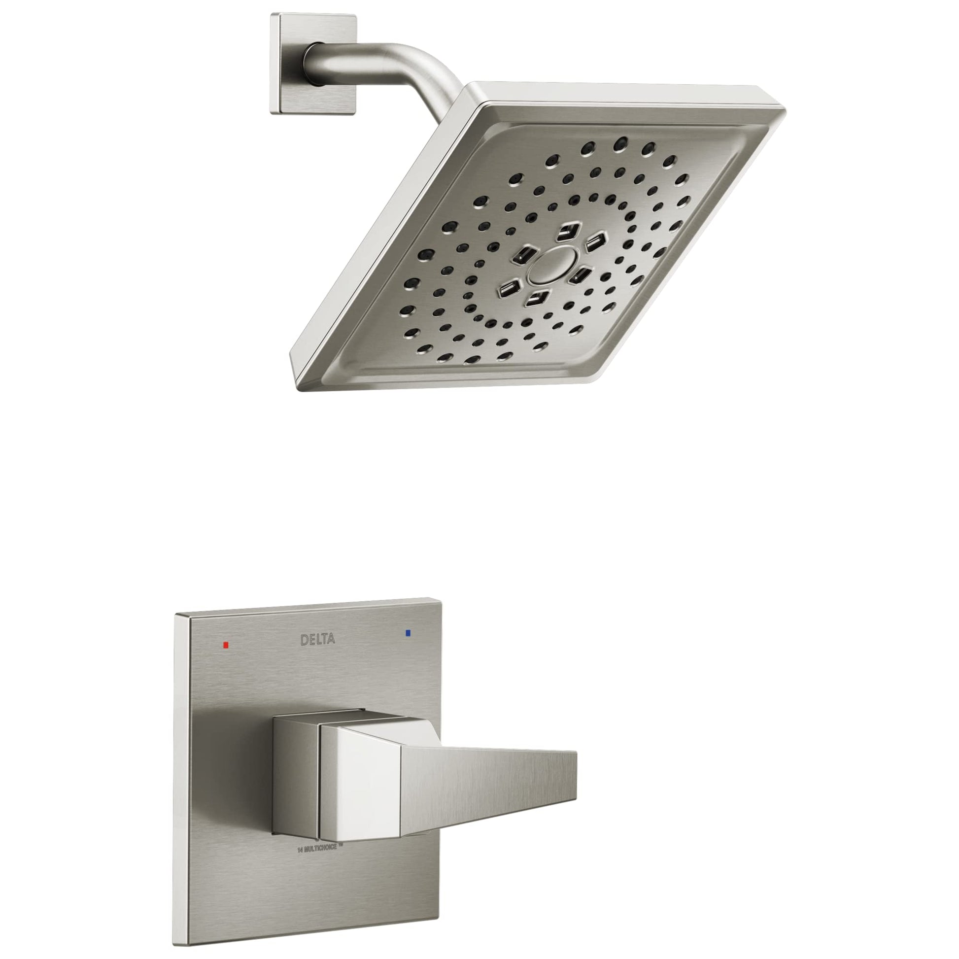 Brushed nickel square shower head with perforated face and curved arm, paired with matching wall-mounted lever valve trim.