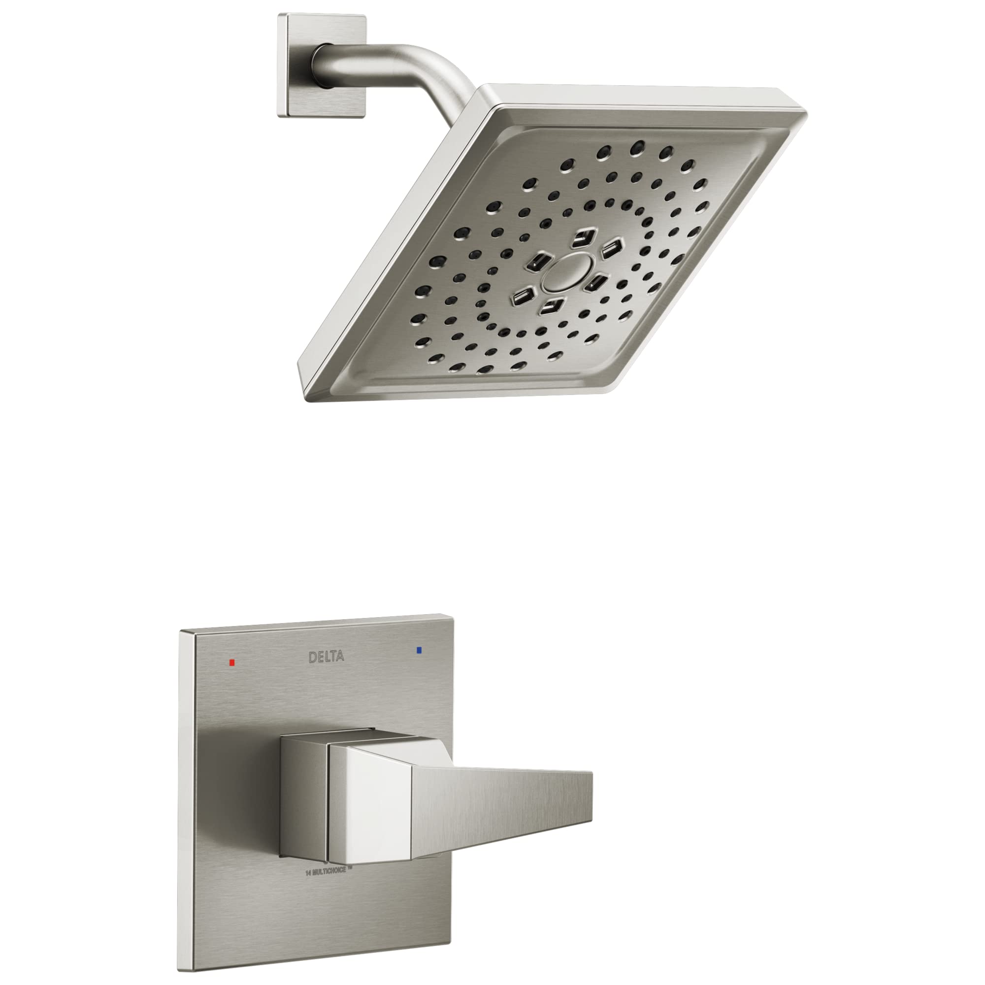 Brushed nickel square shower head with perforated face and curved arm, paired with matching wall-mounted lever valve trim.