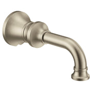 Brushed nickel curved tub spout with decorative wall flange and slip fit connection.