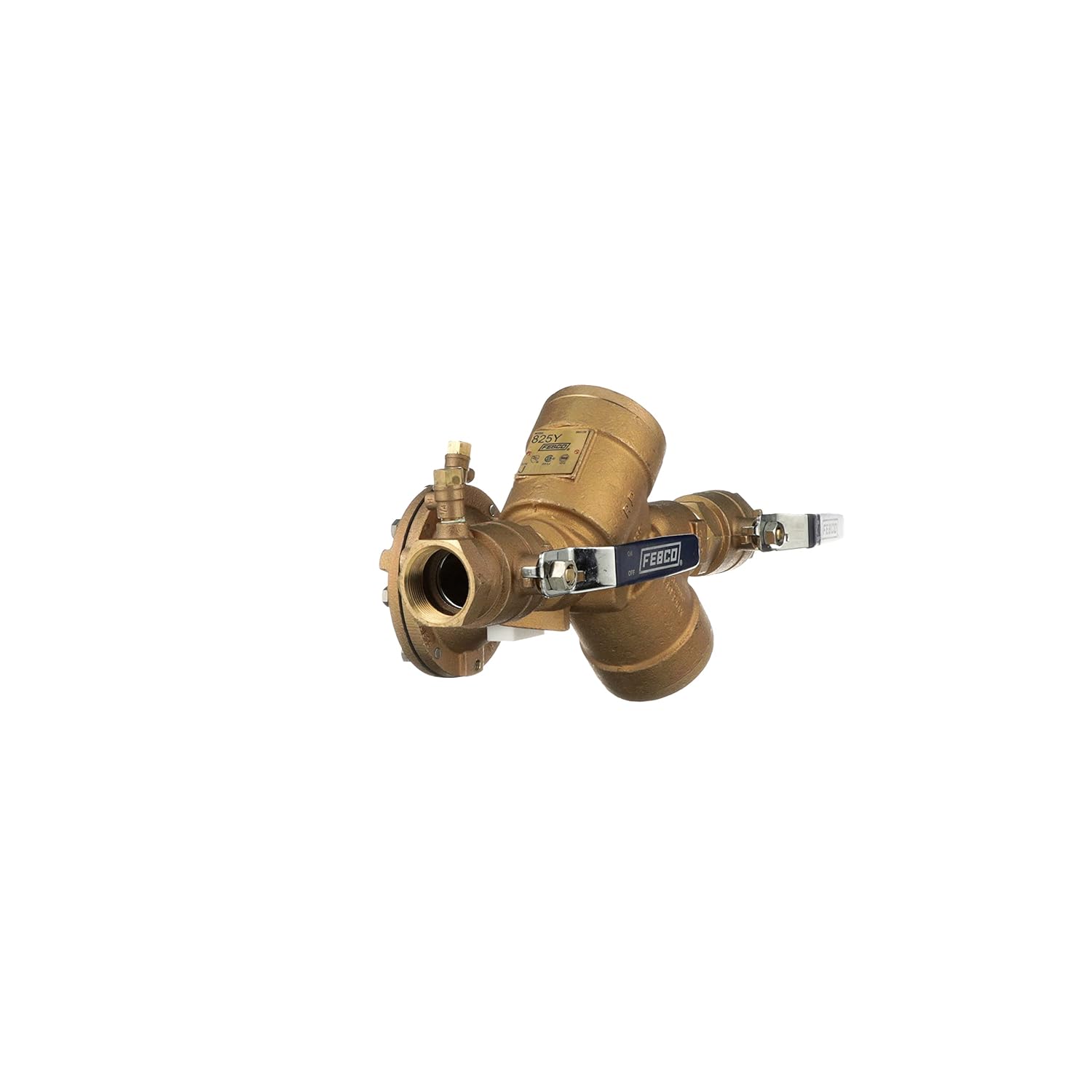 Bronze backflow preventer with inlet and outlet ports, relief valve, and gauge connection on white background.