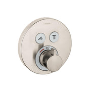 Round brushed nickel thermostatic shower valve trim with two function buttons and temperature control dial marked to 100 degr