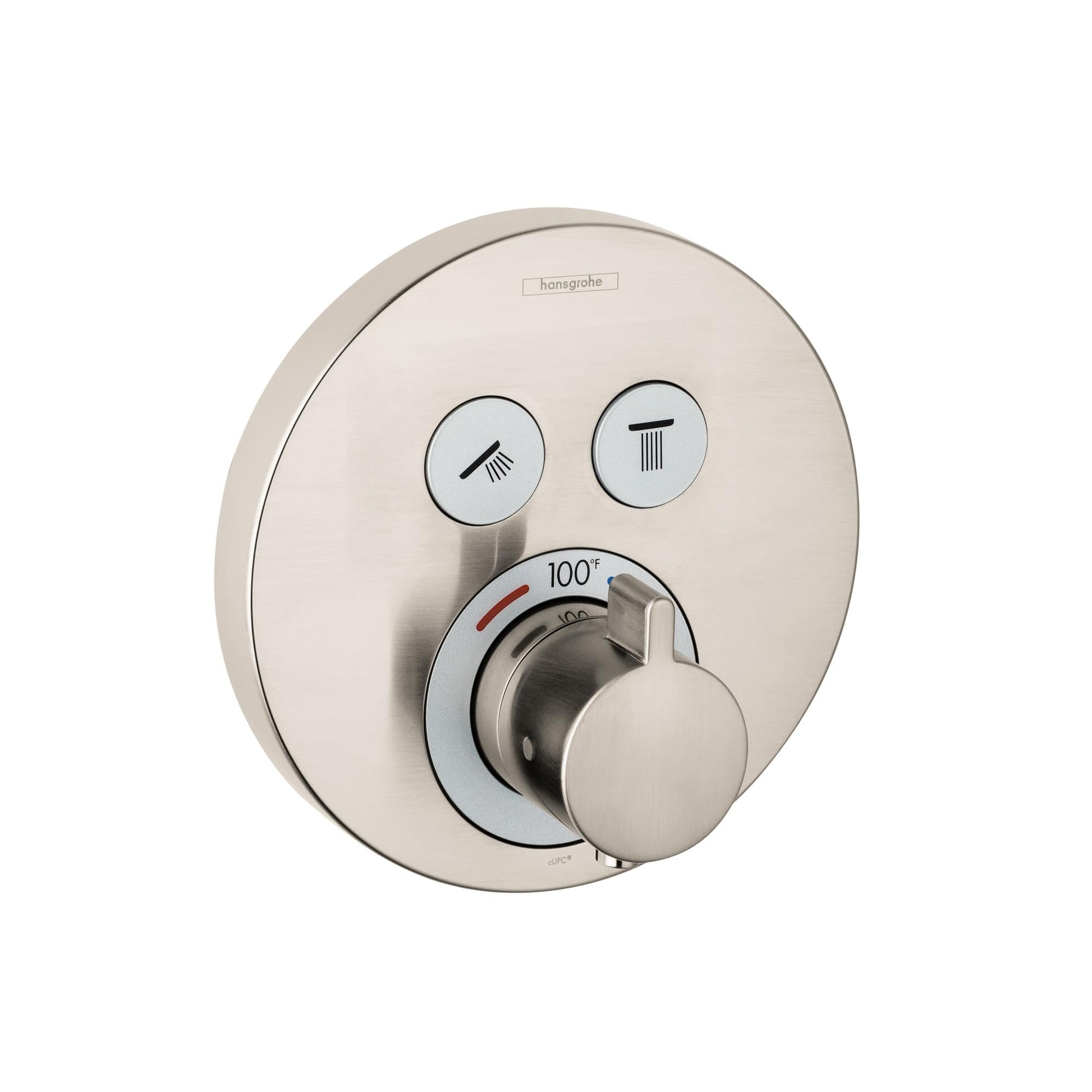 Round brushed nickel thermostatic shower valve trim with two function buttons and temperature control dial marked to 100 degr