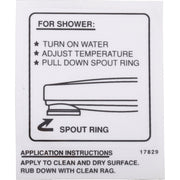 Instructional decal with shower operation steps and diagram showing pull-down spout ring diverter mechanism with application 