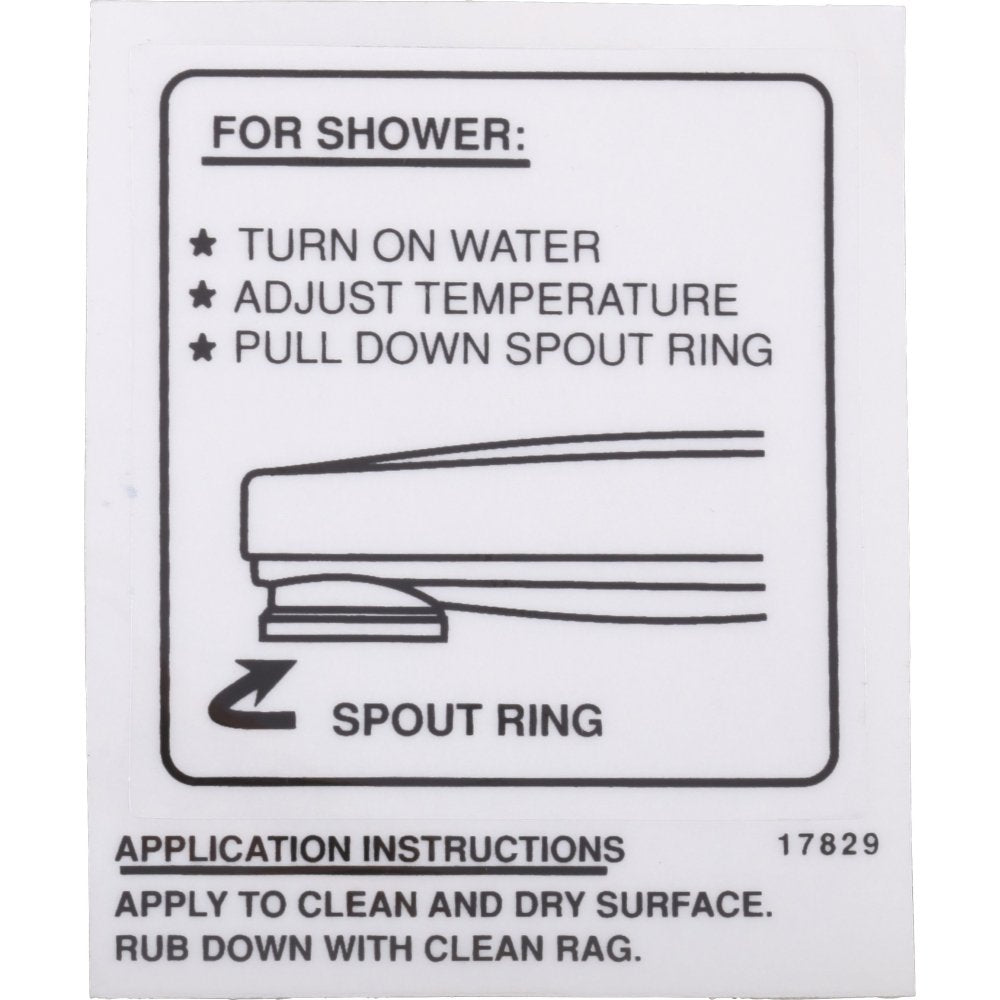 Instructional decal with shower operation steps and diagram showing pull-down spout ring diverter mechanism with application 