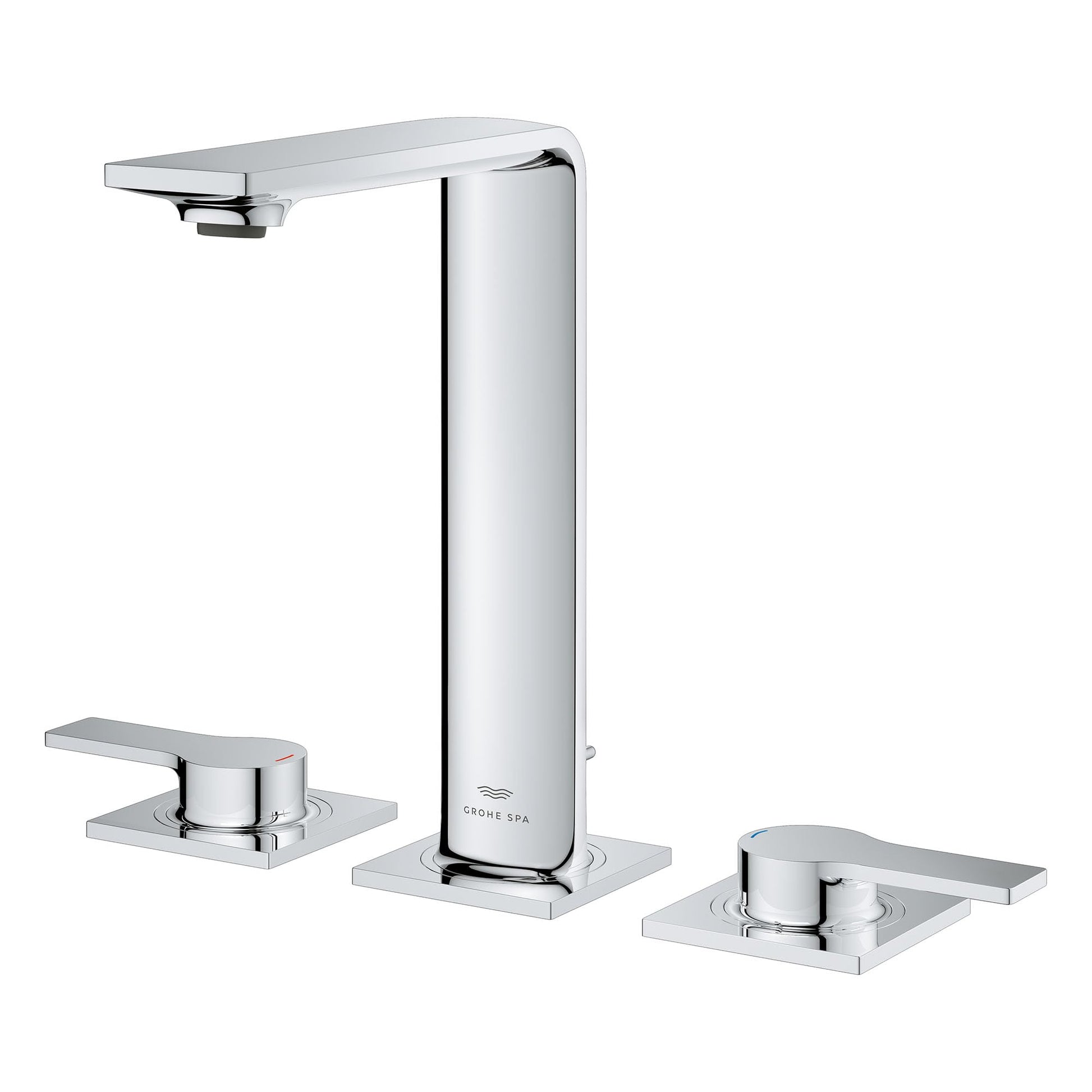 Chrome widespread bathroom faucet with tall cylindrical center spout and two side handles on square bases.
