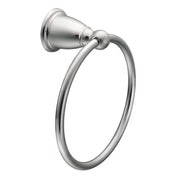 Polished chrome wall-mounted towel ring with curved bar and cylindrical mounting bracket.