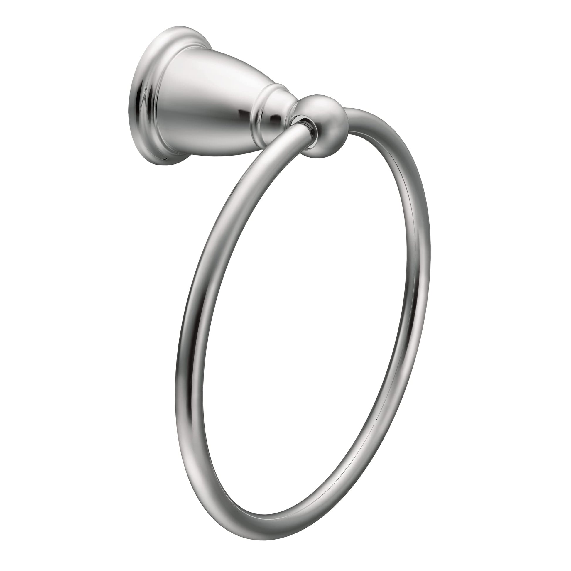 Polished chrome wall-mounted towel ring with curved bar and cylindrical mounting bracket.
