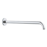 Chrome shower arm with circular wall flange and angled outlet, 15 inches long.