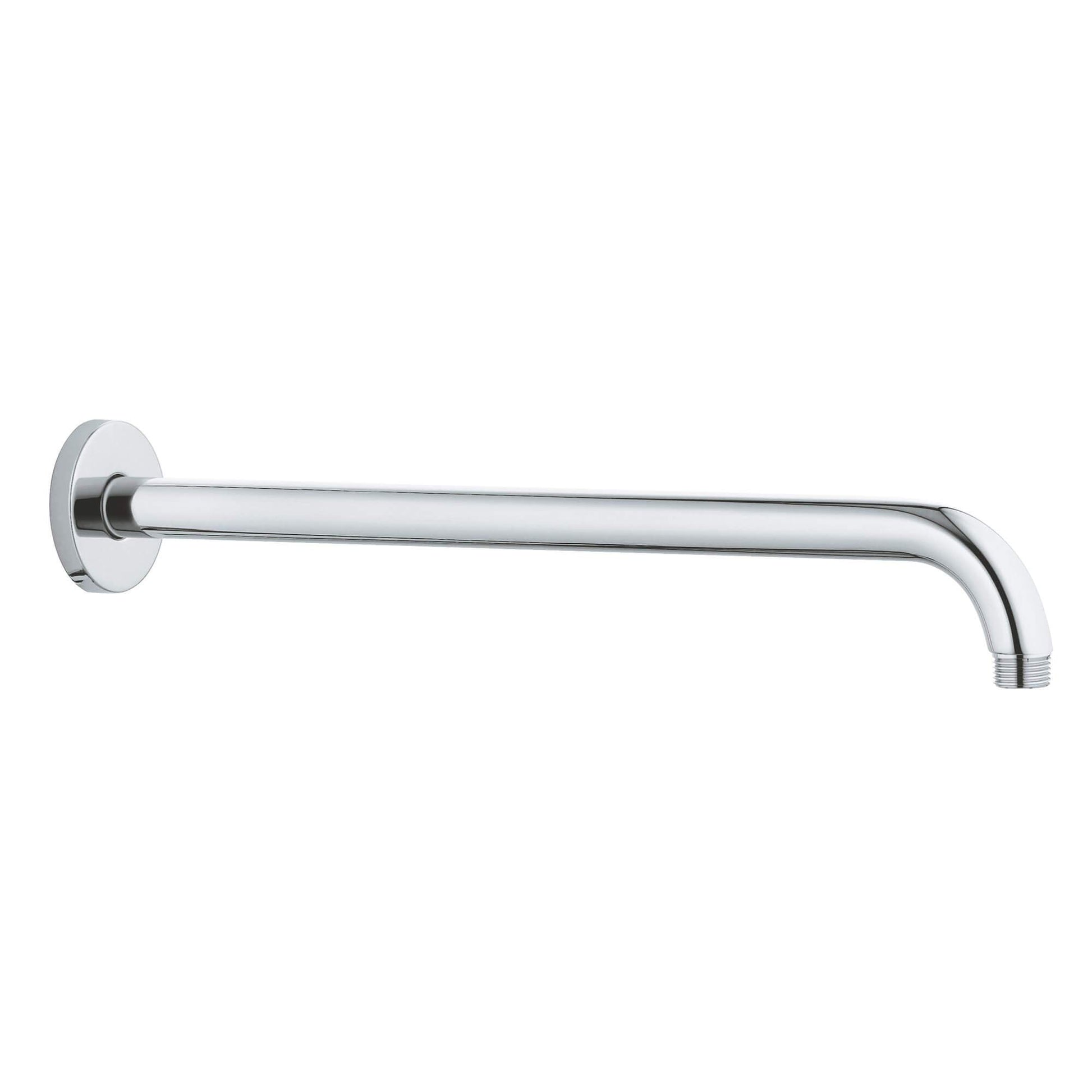 Chrome shower arm with circular wall flange and angled outlet, 15 inches long.